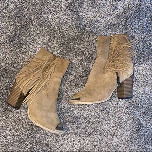 MIA Coty Suede Fringe Heel Open Toe Booties